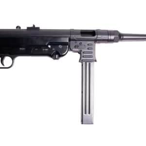 Black assault rifle with a long barrel and a detachable straight magazine on a white background