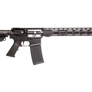 Black AR-style rifle shown in side profile with collapsible stock and long rail handguard against a white background
