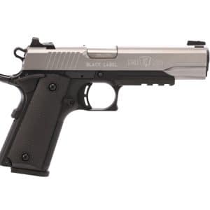 Side view of a stainless 1911-style semi-automatic pistol with a black textured grip and slide details.