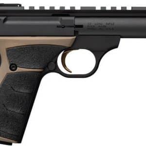 Side profile of a semi-automatic pistol with a black slide and tan grip panels, facing right.
