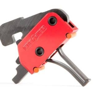 Red handheld clamp/tool with two black holes and orange adjustment pins, shown at an angle on a white background.