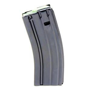 Gray curved rifle magazine with a green follower visible at the top, photographed against a white background