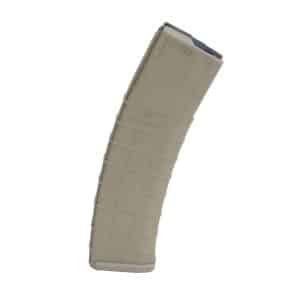 Beige polymer AR-15–style rifle magazine standing upright with a textured grid pattern on the body