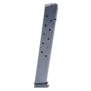 Black metal handgun magazine with round witness holes, standing upright against a white background.