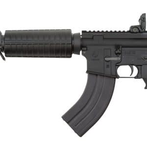 Black AR-style assault rifle with a curved magazine and adjustable stock, shown in profile