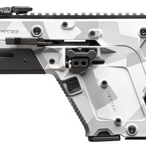 Futuristic KRISS Vector rifle with white/gray geometric camouflage and a black adjustable stock viewed from the left side with a long muzzle brake rail system.