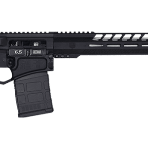 Black AR-style rifle with collapsible stock, pistol grip, detachable magazine, and long modular handguard with rail.