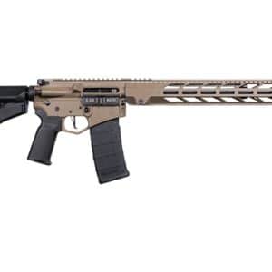 Tan and black AR-style assault rifle with adjustable stock and a polymer magazine, shown in side view