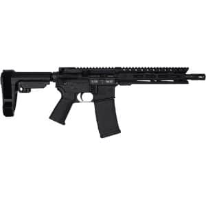 Black AR-style rifle with collapsible stock, pistol grip, 30-round magazine, and long handguard.
