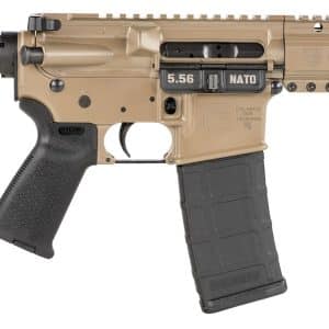 Tan tactical rifle with black grip and a suppressor, showing a 5.56 NATO marking and a curved magazine