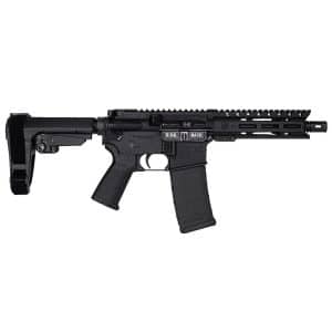 Black AR-style rifle with adjustable stock, long handguard, and 30-round magazine on white background.