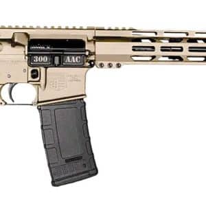 Tan-colored AR-15 style semi-automatic rifle with adjustable stock, pistol grip, 30-round magazine, and a long free-floating handguard with rail sections along the top and sides.