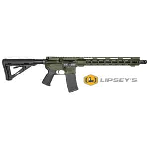Olive-drab AR-style rifle with adjustable stock and long handguard, shown horizontally with Lipsey's logo nearby.