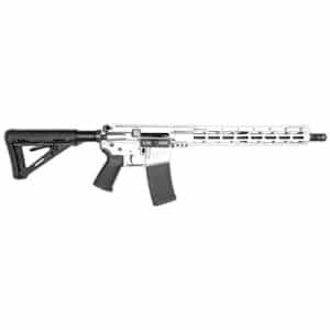 White-and-black modern sporting rifle with adjustable stock, vertical foregrip, and detachable magazine; long vented handguard.