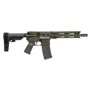 Olive drab semi-automatic rifle with an adjustable stock, pistol grip, 30-round magazine, and a long perforated handguard.
