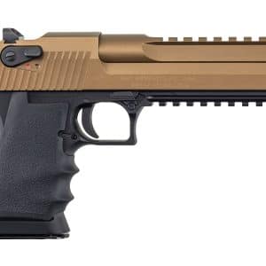 Side view of a tan-colored semi-automatic handgun with a black grip and accessory rail visible along the frame.