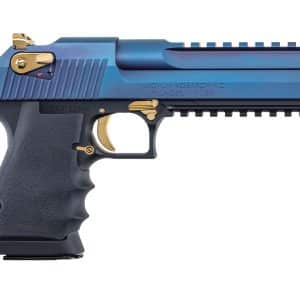 Side-profile view of a blue semi-automatic pistol with gold accents and textured grip
