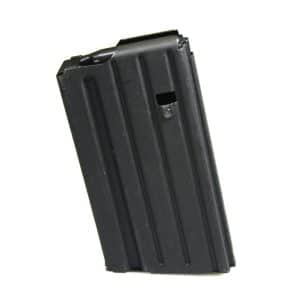 Black detachable firearm magazine standing upright with ribbed sides and top feed lips visible.