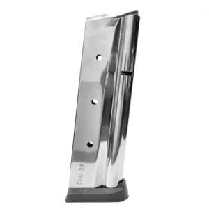 Tall chrome metal binder with multiple punched holes, angled upright on a dark base.