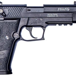 Side view of a black semi-automatic pistol with a textured grip and accessory rail, shown in profile for informational purposes