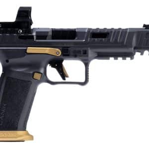 Side view of a Canik semi-automatic pistol with a dark gray slide, black grip, and tan base plate.