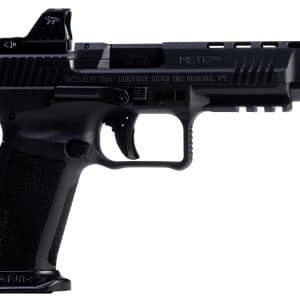 Black semi-automatic pistol shown in profile with a textured grip and accessory rail on the frame against a white background.