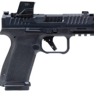 Black semi-automatic pistol with a mounted red-dot sight and textured grip, shown in profile against a white background.
