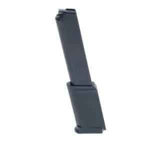 Black handgun magazine standing upright with a visible baseplate at the bottom