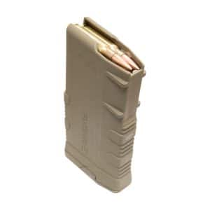 Beige polymer rifle magazine loaded with two visible copper bullets at the top