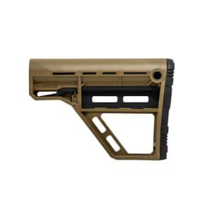 Tan modular rifle buttstock component with black buttpad and side lever, shown in side profile against a white background (rifle stock assembly)