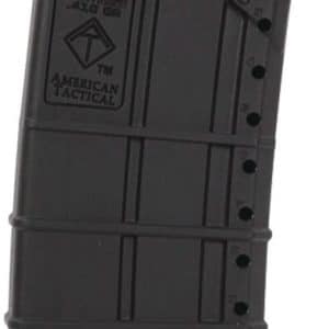 Black polymer 30-round rifle magazine with red follower, used in semi-automatic rifles like the AR-15