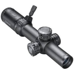 Black riflescope with elevation and windage knobs and a large lens
