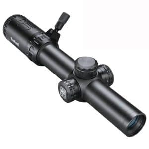 Black riflescope with adjustment turrets and lens caps, angled view showing Bushnell branding