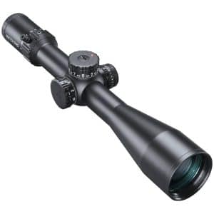 Black riflescope with multiple adjustment dials and a large front lens