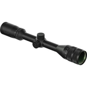 Black riflescope with adjustment dials and a large objective lens, mounted on a tube, for precision aiming (Bushnell brand).