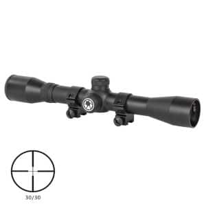 Black rifle scope with two mounting rings and a central adjustment knob, shown with a 30/30 crosshair reticle inset.