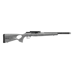 Bolt-action hunting rifle with a long barrel, grey synthetic stock, and a top rail for optics.