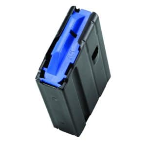 Black detachable firearm magazine with a blue follower visible inside the open top edge