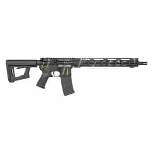 Camouflage-pattern semi-automatic rifle with adjustable stock and long handguard on a white background.