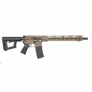 Tan-colored AR-style rifle with collapsible stock, pistol grip, and long vented handguard laid horizontally on a white background.
