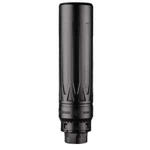 Black cylindrical rifle suppressor with angular ridges and a threaded muzzle mount on the bottom.