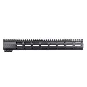 Long black rifle handguard with multiple M-LOK slots and a Picatinny top rail (AR-15 style).
