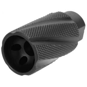 Knurled black cylindrical grip with a three-hole opening at the end, likely a handle accessory.