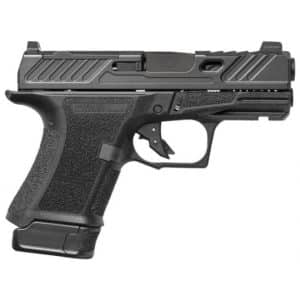 Black semi-automatic pistol with a textured grip and an integrated rail system.