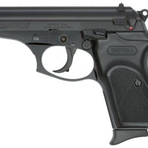 Black Beretta-style handgun viewed from side with trigger guard and textured grip