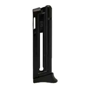 Black handgun magazine standing upright with feed lips at top and a visible follower slot
