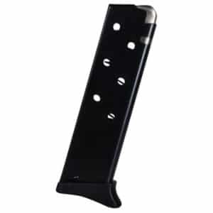 Black pistol magazine with seven round-count holes and curved baseplate.