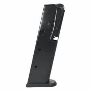 Black metal handgun magazine standing upright on a white background, with the base plate visible at the bottom.