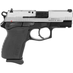 Side view of a semi-automatic pistol with a silver slide and black grip, trigger guard visible