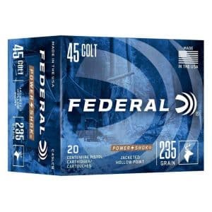 Federal .45 Colt ammunition box showing 20 rounds of 235 grain PowerShok jacketed hollow point, made in the USA